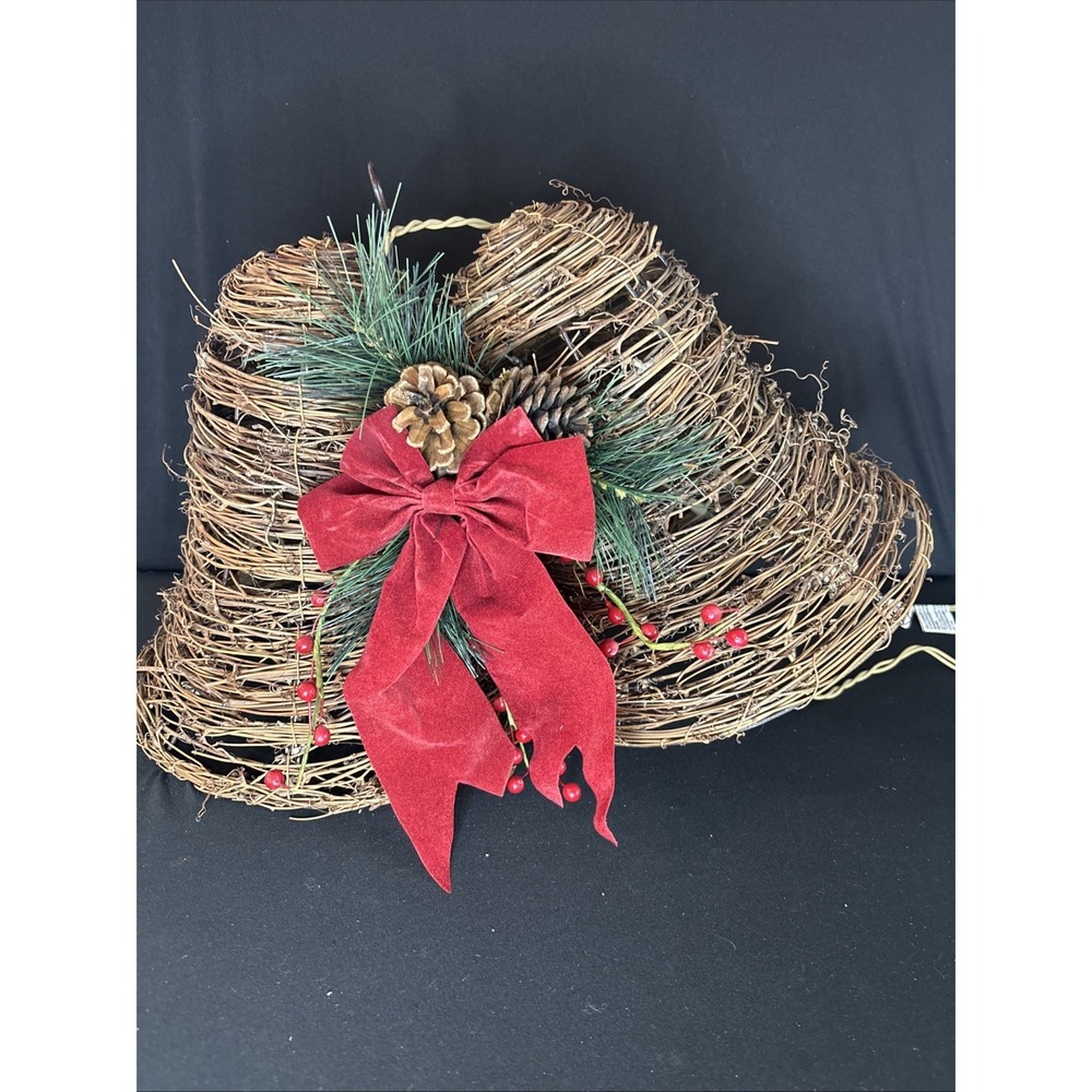 Vintage Lighted Rustic 2 Straw Bells W/Red Ribbon Berries Pinecones, 11"T x 18"L